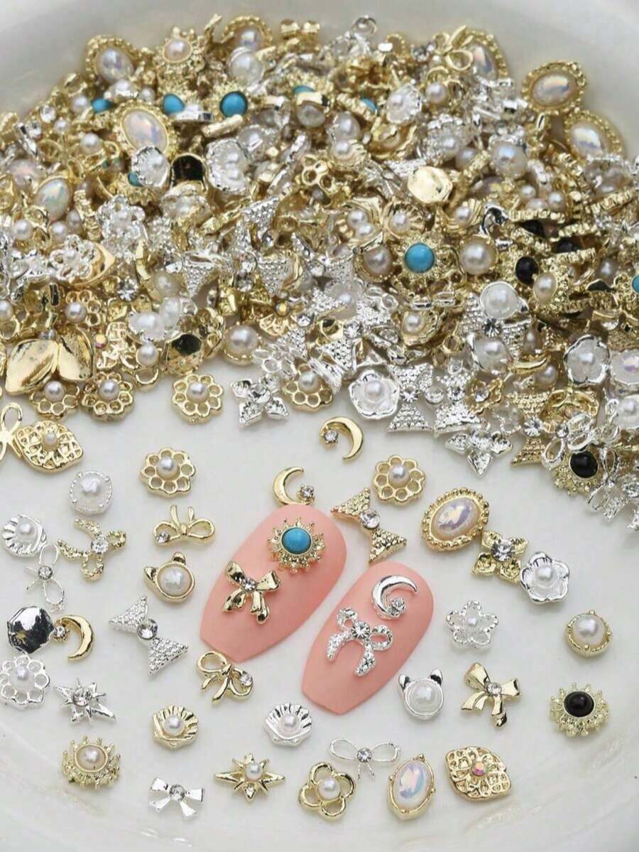 50件/套 金银珍珠花朵、海星贝壳、星星、月亮、蝴蝶结、四叶草迷你美甲装饰,DIY蓝色美甲贴纸和宝石,流行韩式风格,适合女生美甲 - 彩色 - 查看 1