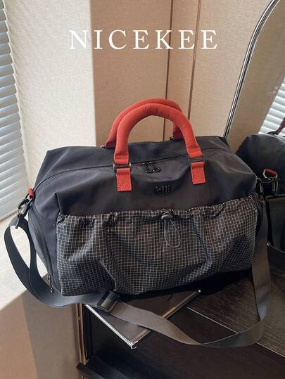 Daily Versatile Contrasting Color Patchwork Plaid Travel Bag, Niche Design Simple Large Capacity Multifunctional Luggage Storage Bag, Fashionable Multi Pocket Retro Casual Tote Bag, Lightweight And Foldable, Suitable For Short Distance Travel, Vacation And Daily Overnight Outings