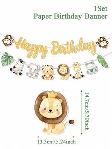 1 Set Jungle Wild Animal Theme Birthday Banner, Cute Animals And Tropical Leaves Paper Bunting, Birthday Party Decoration And Celebration Backdrop - Multicolor - View 3