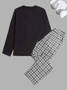 男士棉质宽松优质圆领长袖休闲套装（含上衣和裤子） - 深灰色 - 查看 1