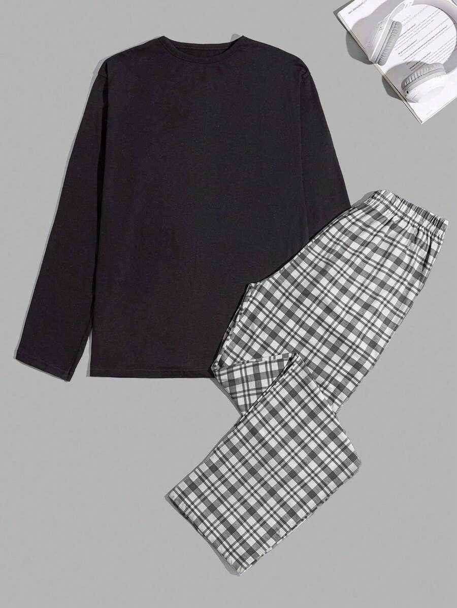 男士棉质宽松优质圆领长袖休闲套装（含上衣和裤子） - 深灰色 - 查看 1