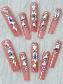 CrystalHola Valentine's Day : 10 Handmade Press-On Nail Stickers, Square Long Nails, Pink Nail Surface With Sparkling Rhinestones, Full Coverage, Removable And Reusable, Long-Lasting , Unique Summer Nail Art, A Must-Have Fashion Accessory For Parties And Weddings. Nail Supplies - Multicolor - View 12