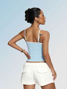 条纹可调节细肩带修身吊带背心，女士无缝短款背心 - 淺藍色 - 查看 3
