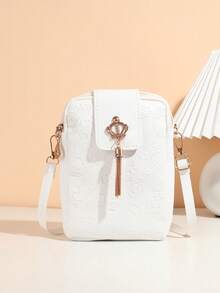 1 pieza Bolso vertical para teléfono con patrón en relieve lindo para niñas, bolso bandolera con colgante de borla con corona, regalo ideal - Multicolor - Ver 3