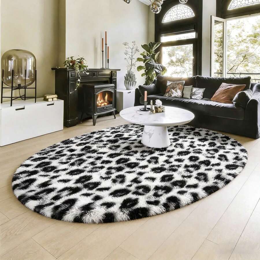 1 Peça Tapete Decorativo Oval de Pelúcia Sintética com Estampa de Onça, Tapete Decorativo, Decoração de Quarto, Tapete Pequeno, Carpete, Decoração Doméstica, Tapete de Sala de Estar, Tapete Pequeno de Sala de Estar, Tapete de Quarto, Decoração Doméstica de Sala de Estar, Tapete para Área Externa, Tapete Lavável - Multicolorido - Visão 1
