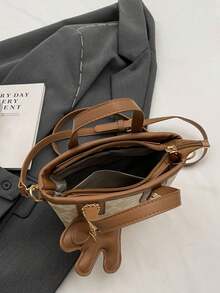 Faux Leather Solid Color Mini Bucket Bag, Versatile Casual Handbag & Shoulder Bag - Khaki - View 6