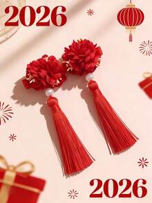 2件套中国新年红色花朵流苏发夹，女孩珍珠吊坠发卡，节日头饰 - 彩色 - 查看 2