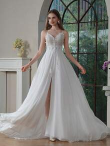 YOUKEFEIER Đầm cưới thanh lịch cổ yếm phối ren dành cho nữ, thích hợp cho đám cưới, tiệc chiêu đãi, liên hoan. - Màu be - Xem 4