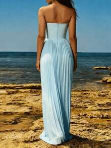 Bustier Skinny Pressure Pleat Bodycon Dresses - 冰藍 - 查看 2