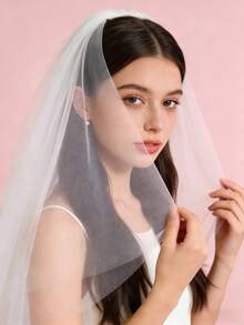 1pc Short Double-Layer Bridal Veil, Simple Chiffon Suitable For Wedding Registration, Daily Photo Shoot, Wedding Headpiece - Cool White - View 3