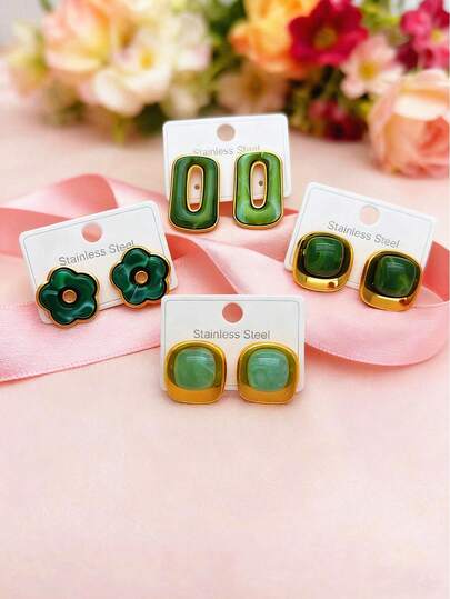 1 par/2 pares/3 pares/4 pares Juego de pendientes de acero inoxidable, pendientes de botón con flor cuadrada de acrílico verde, pendientes elegantes minimalistas y frescos apropiados para uso diario y festividades de las mujeres
