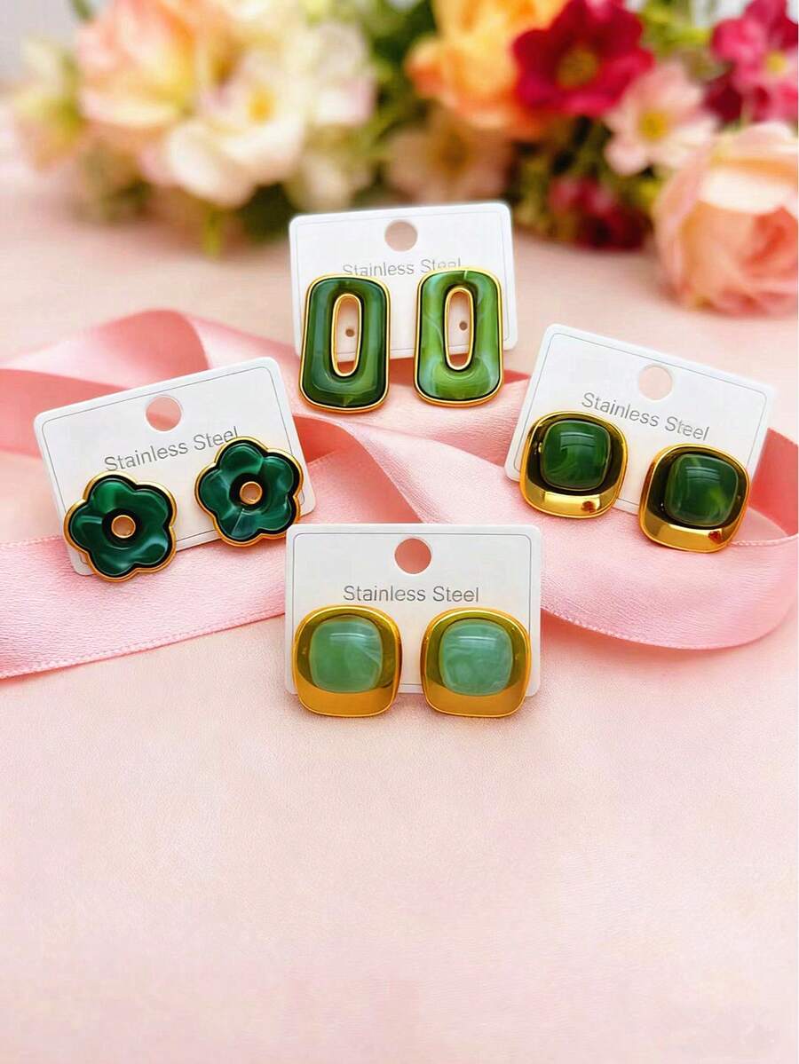 OBOVAY Bộ 1/2/3/4 đôi bông tai bằng thép không gỉ, bông tai đinh tán hình hoa vuông màu xanh lá cây bằng acrylic thời trang, kiểu dáng tối giản, thanh lịch, tươi trẻ, độc đáo, cao cấp, phù hợp cho phụ nữ đeo hàng ngày và trong các dịp lễ hội. - màu xanh lá - Xem 1