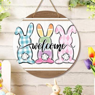 1件复活节装饰挂件，复活节兔子欢迎牌，前门装饰，格子条纹木质门钩，适用于复活节装饰、户外门廊、春季木质花环室内墙面装饰