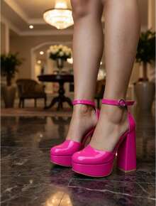 Women's Black High Heels, Closed Toe, Ankle Strap, Round Toe, Comfortable, Round Buckle, Party, Wedding, Spring-Summer Shoes. - 火龍果 - 查看 4