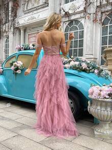 Fashionable Elegant Lace Splicing Mesh High Slit Bridesmaid Gown Dresses - Pink - View 2