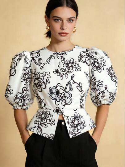 一件荷叶边花卉印花纽扣前襟泡泡袖上衣，菲律宾风格，适合度假、办公、日常、约会、旅行、春夏穿着。