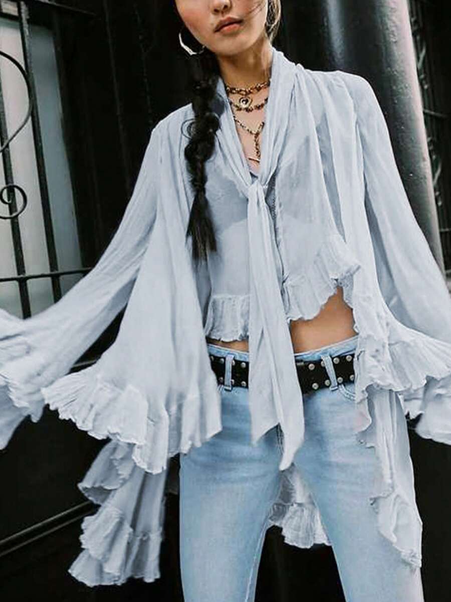 Women's Ruffled Tops Bow Tie Design Long Sleeve Peplum Lace Trim Chiffon Shirt Sheer V Neck Boho Ruffle Beach Blouse - 淺藍色 - 查看 1