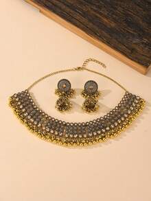 3件套复古南亚风格女士首饰套装，多层叠戴水钻项链耳环套装，适合女士日常或派对佩戴，宴会首饰礼品 - 古金色 - 查看 2
