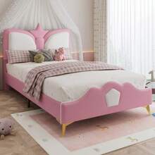 Upholstered Bed, Single Bed, Children's Bed, Crown-Shaped Headboard, Shock-Absorbing Soft Foam Headboard And Edge, Playful Colors, PU + Iron + Foam, Pink + White, 90 X 200 Cm - Pink - View 12