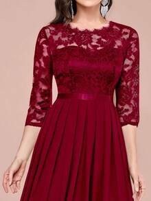 Vestido elegante de encaje floral para mujer,Vestido de fiesta de manga larga de chiffon de cuello redondo,Vestidos de mujer - Color caoba - Ver 4