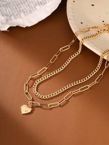 2pcs Copper Fashionable European & American Style Heart-Shaped Plaid Chain Layered Necklace Set, Suitable For Beach & Holiday Accessories - Yellow Gold - View 3
