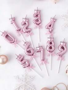 粉色0-9数字生日蛋糕装饰，3D数字蛋糕插牌，0-9数字生日蜡烛，18岁、30岁、40岁、50岁、60岁生日蛋糕装饰，皇冠蝴蝶结生日蜡烛，粉色蝴蝶结生日蛋糕装饰，适用于派对、婚礼、周年纪念装饰 - 多色 - 查看 9