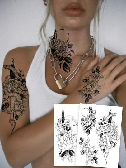 2 Sheets Big Sized Body Art Temporary Tattoos Suitable For Women Or Men,Realistic Black Lion, Tiger, Fox, And Flower Patterns.Waterproof Fake Tattoos,Lasting 2-5 Days,Can Be Used On The Arms, Neck, Shoulders, Waist, Legs, And Back. Perfect For Festivals, Parties, Gifts, And Vacations,Body Decorations.