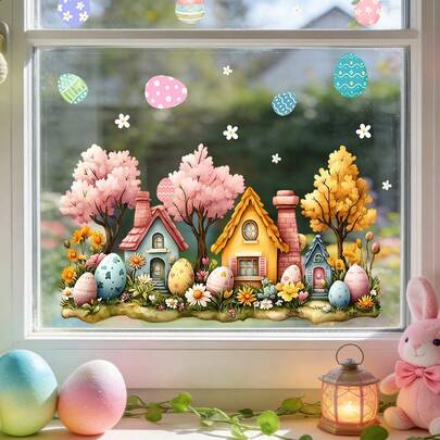 1/2pcs Easter Window Clings Rabbit And Cottage House Pattern Colorful Eggs Static Stickers Spring Holiday Party Decor For Home Kitchen Office Reusable Decals Festive Props
