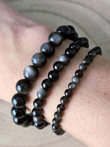 AAA级黑曜石手链，采用天然真石制成，有4毫米、6毫米和8毫米三种尺寸的珠子可供选择，纯手工制作，保护您的气场，适合日常佩戴。 - 黑色 - 查看 2