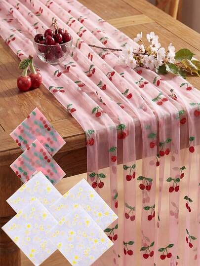 1/4 pièces Chemin de table cerise 70*300cm Tissu en dentelle rose pailleté transparent Nappe rectangulaire aux fruits Convient pour les fêtes d'anniversaire, baby shower, mariage et la décoration de la maison et de la cuisine (Couleur cerise)
