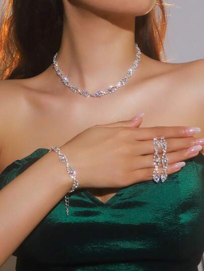 4pcs Fashionable Temperament White Earrings Necklace Bracelet Three Pieces Set, Light Luxury Style Valentine's Day Gift Suitable For Parties, Evening Parties, Women's Daily Wear Valentine's Day Gifts, And Weddings