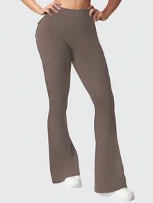 Women's Outdoor Flared Pants With Pockets, Women's Tight Fit Sports Leggings Butt Lifting Yoga Pants - Cà phê nâu - Xem 6