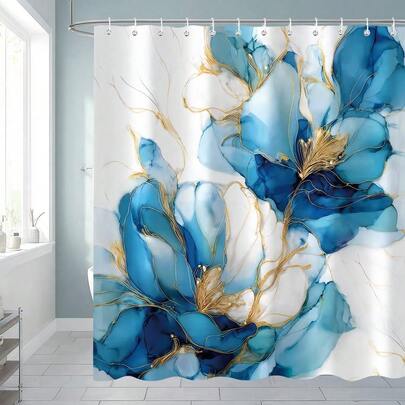 抽象蓝色花卉浴帘，现代金色条纹花卉艺术浴室帘，浴室装饰及配件，房间装饰，完美适用于家居、酒店、度假、礼品