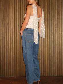 Women Y2K Vintage Polka Dot Camisole Fairy Coquette Mesh Backless Tank Top Low Cut Spaghetti Strap Crop Tops - trắng - Xem 2
