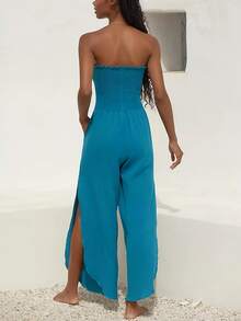 Strapless Wide-Leg Jumpsuit: Boho V-Neck Romper With Side Pockets In Vibrant Turquoise For Beach Vacations, Summer Resorts And Resort Wear For Women. - 混合色 - 查看 2