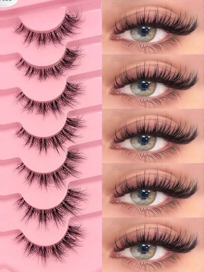  Asiteo 7 Pairs Fluffy Cat Eye False Eyelashes, Natural Curl Fake Eyelashes, Transparent Band, 3D Effect, Enlarge Eyes, Thick Charming, Full Strip Faux Mink Lashes Suitable For Travel, Bridal Party, Gathering, Eid