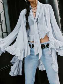 Women Y2K Long Bell Sleeve Frill Top V Neck See Through Sheer Mesh Blouse High Low Hem Ruffled Flowy Tops Loose Fit Poncho Capes Tops Going Out - 藍色 - 查看 1