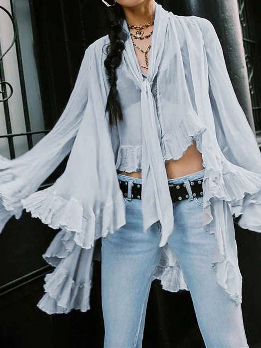 Women Y2K Long Bell Sleeve Frill Top V Neck See Through Sheer Mesh Blouse High Low Hem Ruffled Flowy Tops Loose Fit Poncho Capes Tops Going Out - 藍色 - 查看 1