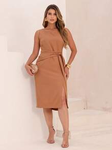 Dress With A Sophisticated Drape And A Front Knot. - Camel - View 3