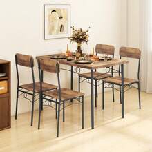 COSTWAY Modern Dining Table Set For 4, 5-Piece Kitchen Table Set W/Rectangular Table & 4 Chairs, Metal Frame, Wood Grain Surface, Space-Saving Dining Room Furniture Set For Home, Cafe, Restaurant, Brown - Brown - View 4