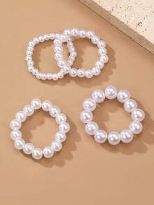 Set de 4 anillos con perlas falsas de estilo minimalista y elegante, adecuados para uso diario, citas y accesorios para fiestas de mujeres - Blanco - Ver 4