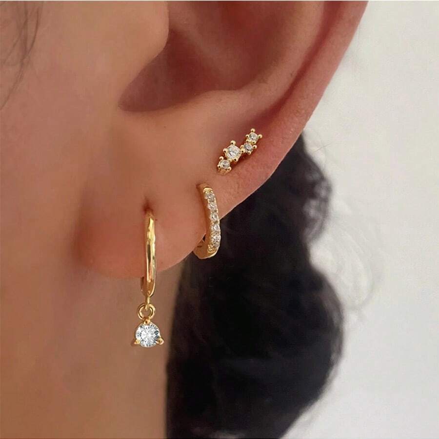 3 Pairs Zirconia Earrings Set, 1 Pair Studs + 1 Pair Clip-Ons + 1 Pair Dangle Earrings, Light Luxury Simple Style, Mix & Match Wearable