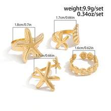4pcs/Set Boho Style Starfish & Shell Adjustable Rings Set, Personalized Ocean Holiday Stackable Finger Rings - Gold - View 2