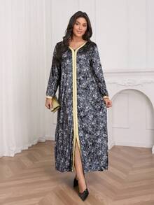 Plus Size V-Neck Long Sleeve Knit Printed Split Dress, Elegant Spring - Dusty Blue - View 5