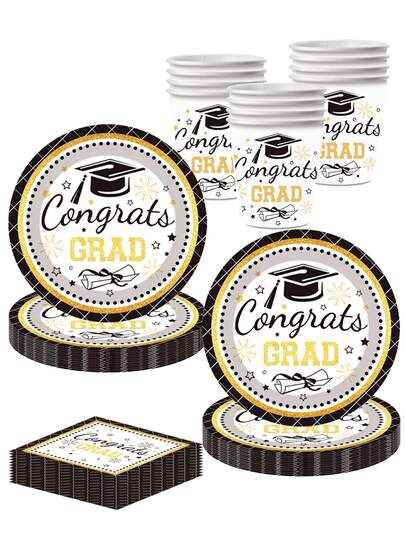 10pcs Graduation Party Disposable Round Paper Plates, 9 Inch And 7 Inch, Black Plaid With Gold Decor, Suitable For University/School Graduation Party Supplies, Including Plates, Cups And Napkins