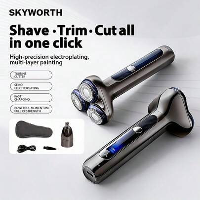 SKYWORTH 男士二合一电动剃须刀，三刀片旋转式胡须剃须刀，带鼻毛修剪器，快速充电式理容剃须刀，适用于日常面部及细节修剪，多功能男士礼品