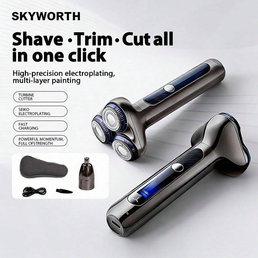 SKYWORTH 2-In-1 Electric Shaver For Men, Tri-Blade Rotary Beard Razor With Nose Hair Trimmer, Fast Rechargeable Grooming Shaver For Daily Face & Detail Grooming, Multi-Purpose Gift For Men