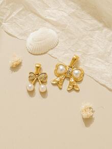 1件/包 304不锈钢仿珍珠镶嵌蝴蝶结吊坠配饰，情人节饰品 - 金色 - 查看 2