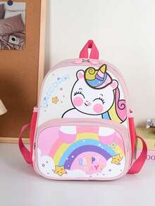 1pc Dinosaur Print + Contrast Color Design Oxford Cloth Backpack, Zipper Closure, Casual Style, Suitable For Outdoor Activities All Seasons - Pink - View 2