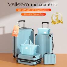 VALLSERO LG2 Set di valigie rigide in ABS da 6 pezzi con ruote, lucchetto TSA, borsa da viaggio e trousse per cosmetici - celeste - Visualizzare 1